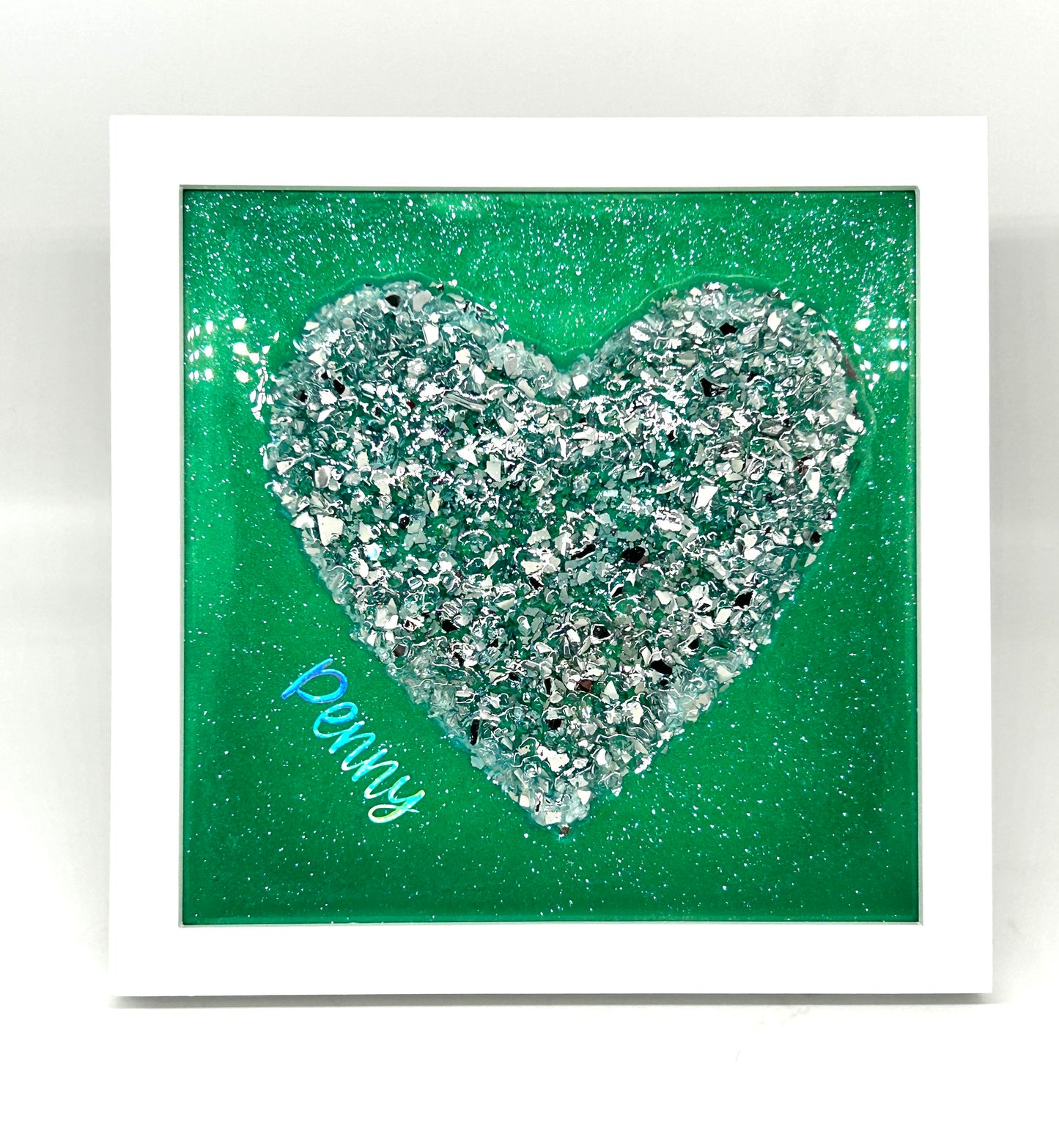 Customized Crushed Glass and Resin Heart Wall Art, Desk Art, 9x9 Frame