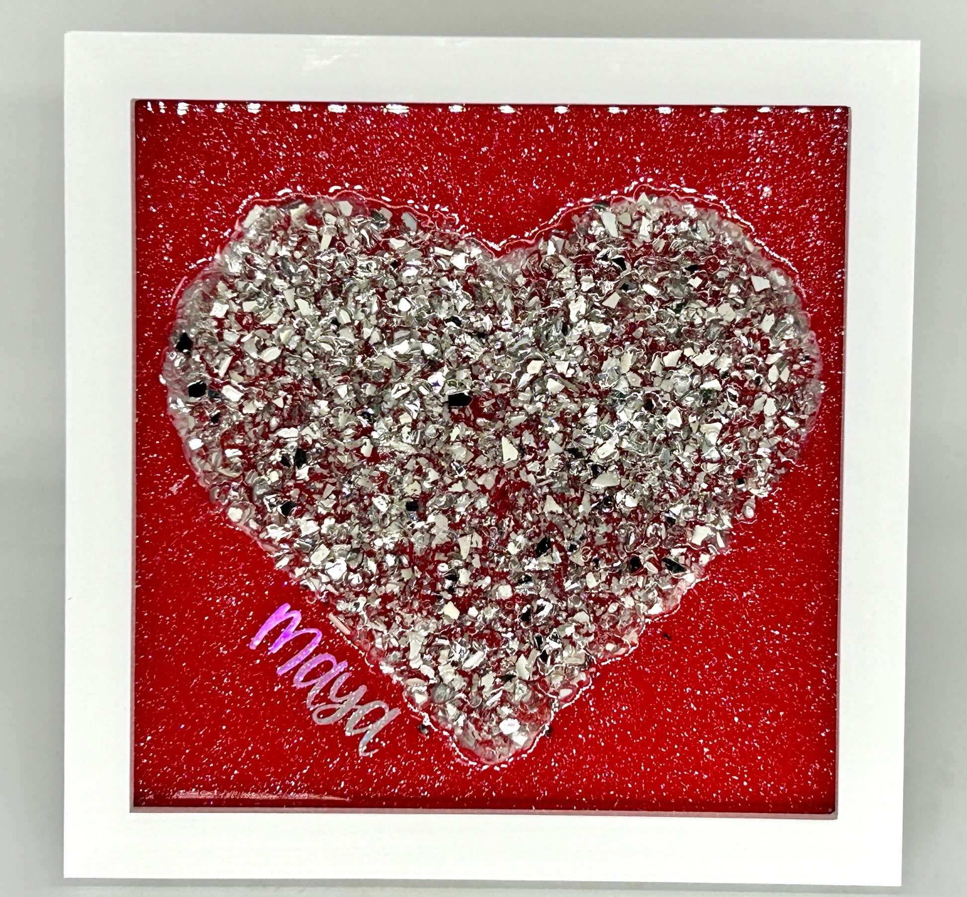 Customized Crushed Glass and Resin Heart Wall Art, Desk Art, 9x9 Frame