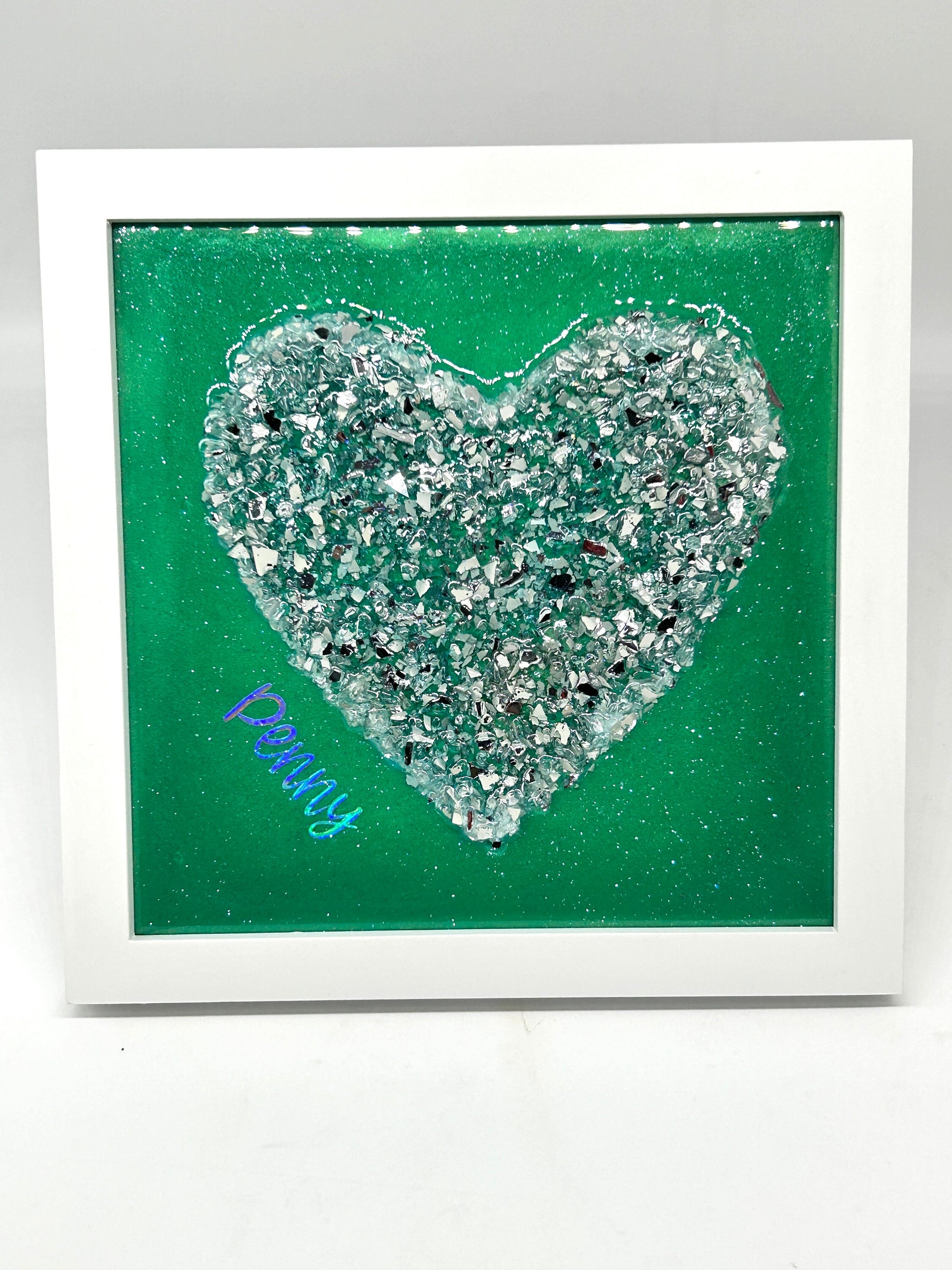 Customized Crushed Glass and Resin Heart Wall Art, Desk Art, 9x9 Frame