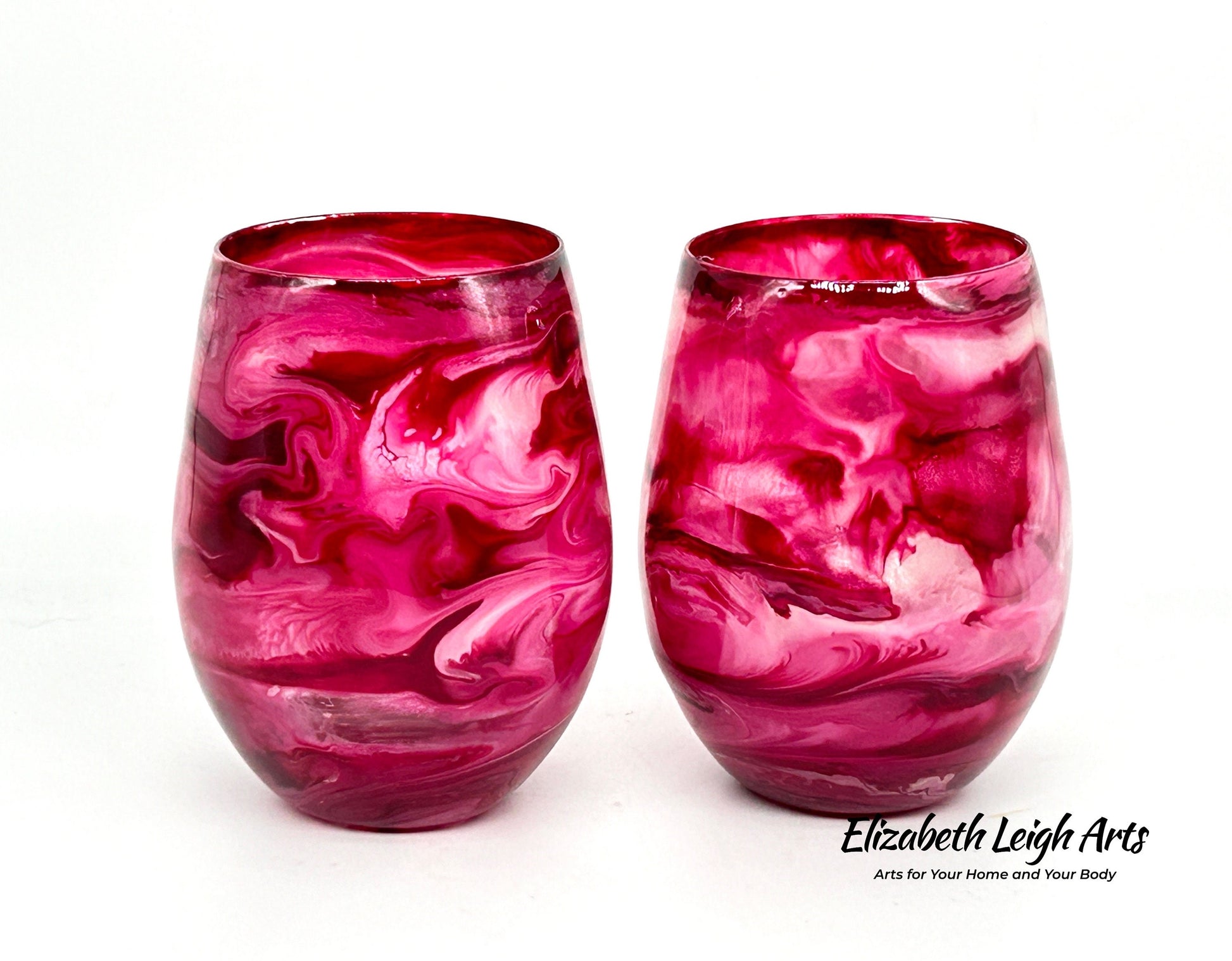 Raspberry Pink and White Stemless Wine Glass Set of Two Customize