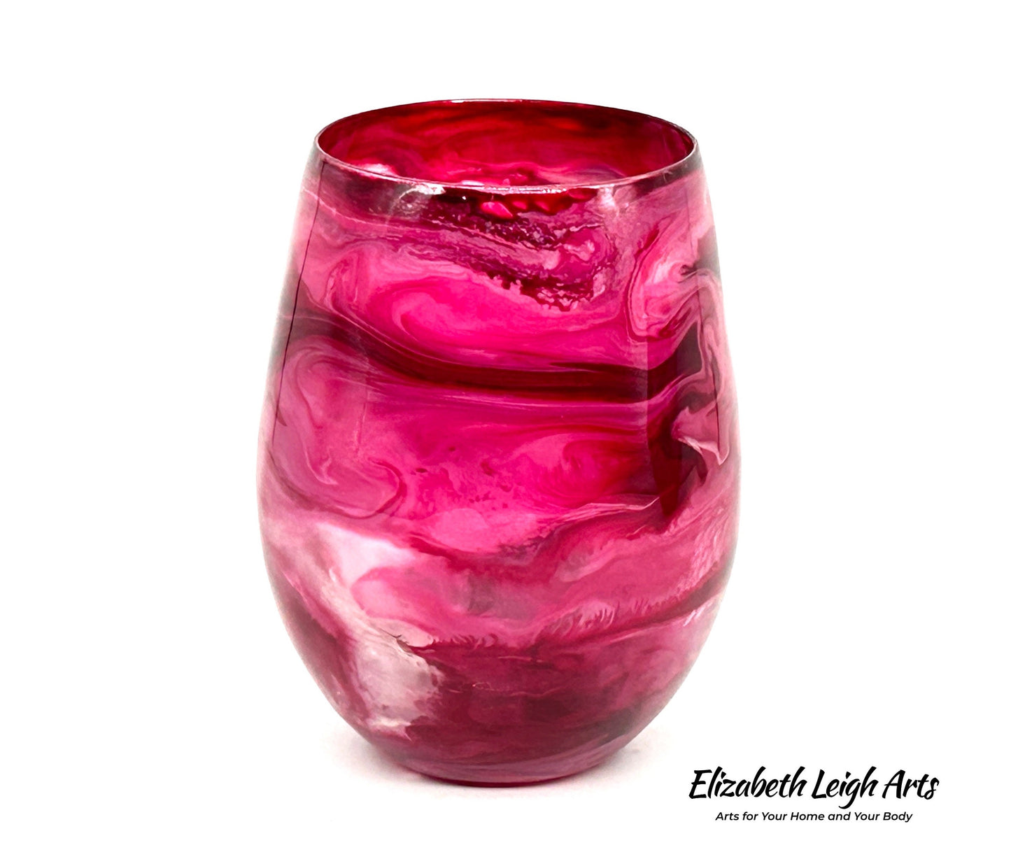 Raspberry Pink and White Stemless Wine Glass Set of Two Customize