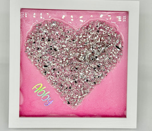 Customized Crushed Glass and Resin Heart Wall Art, Desk Art, 9x9 Frame