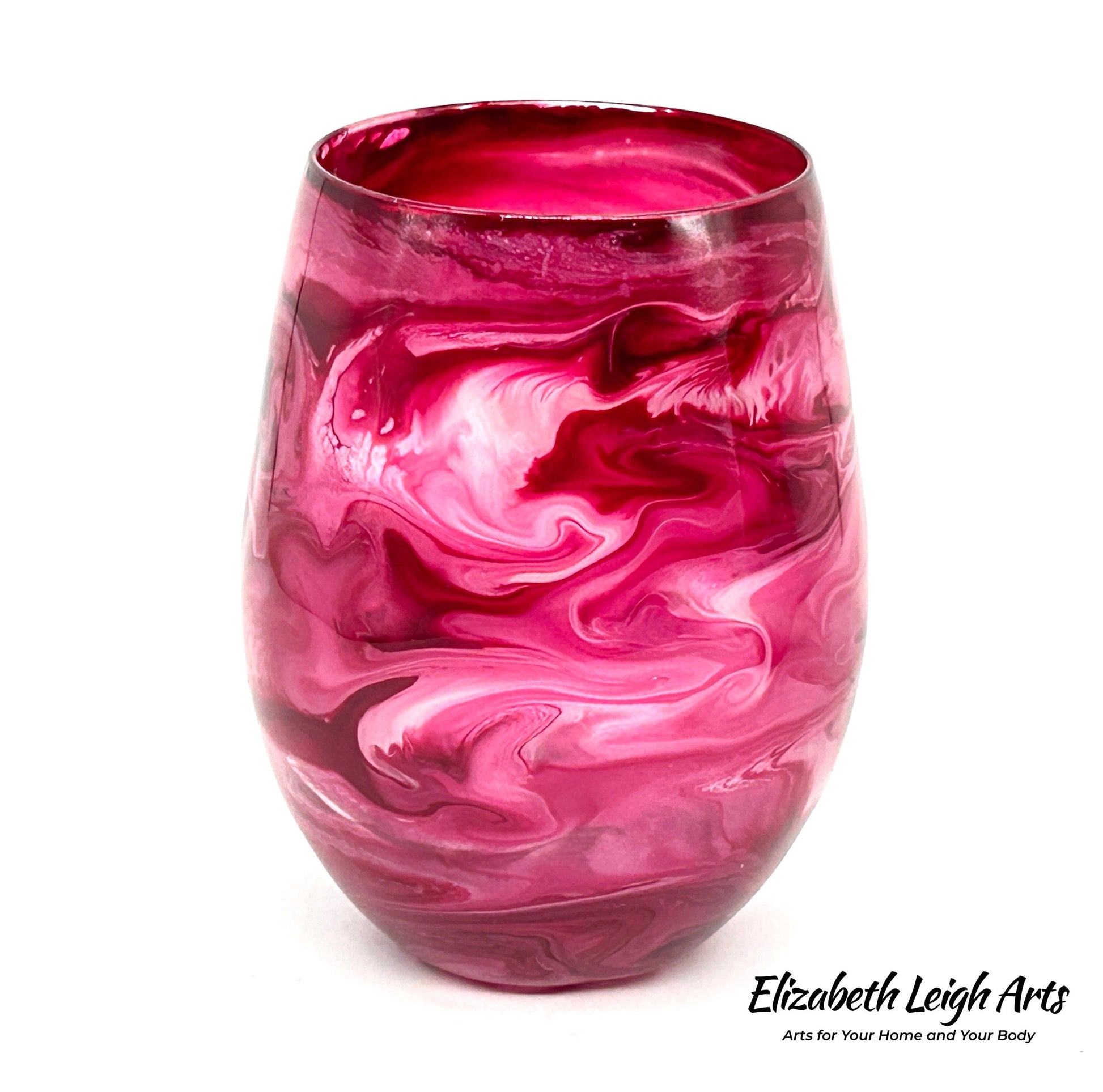 Raspberry Pink and White Stemless Wine Glass Set of Two Customize