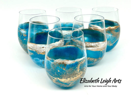 Teal and Gold Waves Resin Art Stemless Wine Glass Set of Two Customize 20 Ounce