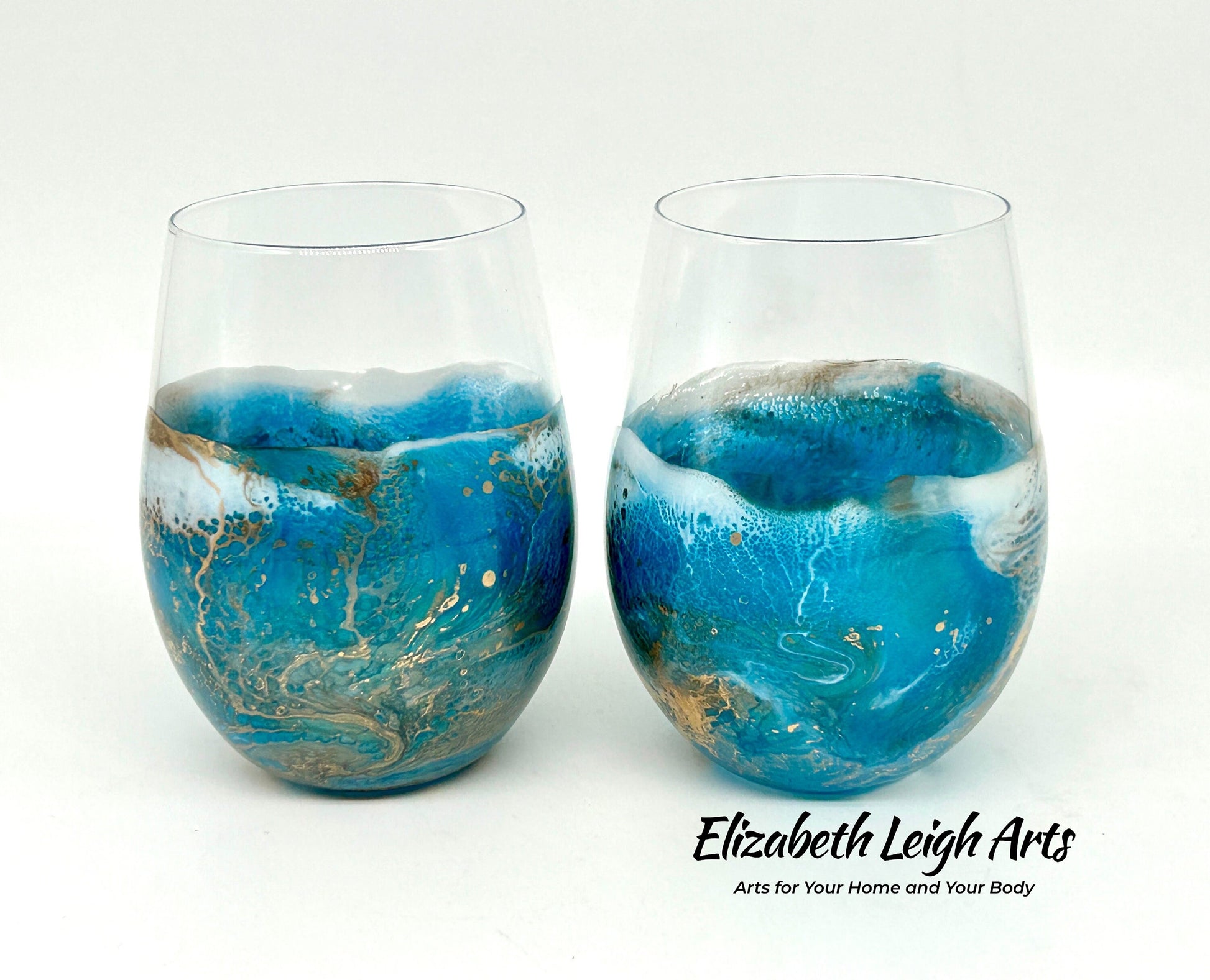 Teal and Gold Waves Resin Art Stemless Wine Glass Set of Two Customize 20 Ounce