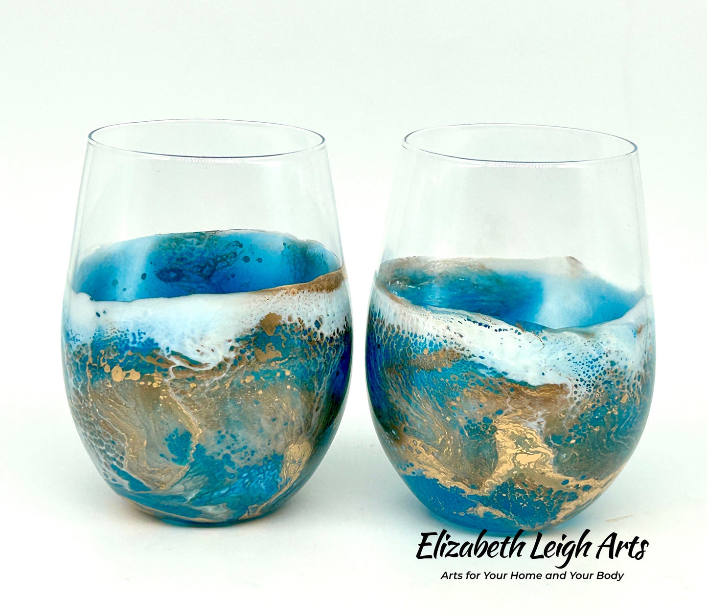 Teal, Gold Wine Glasses Stemless Set of Two 18 Ounce, Beach Lover Gift