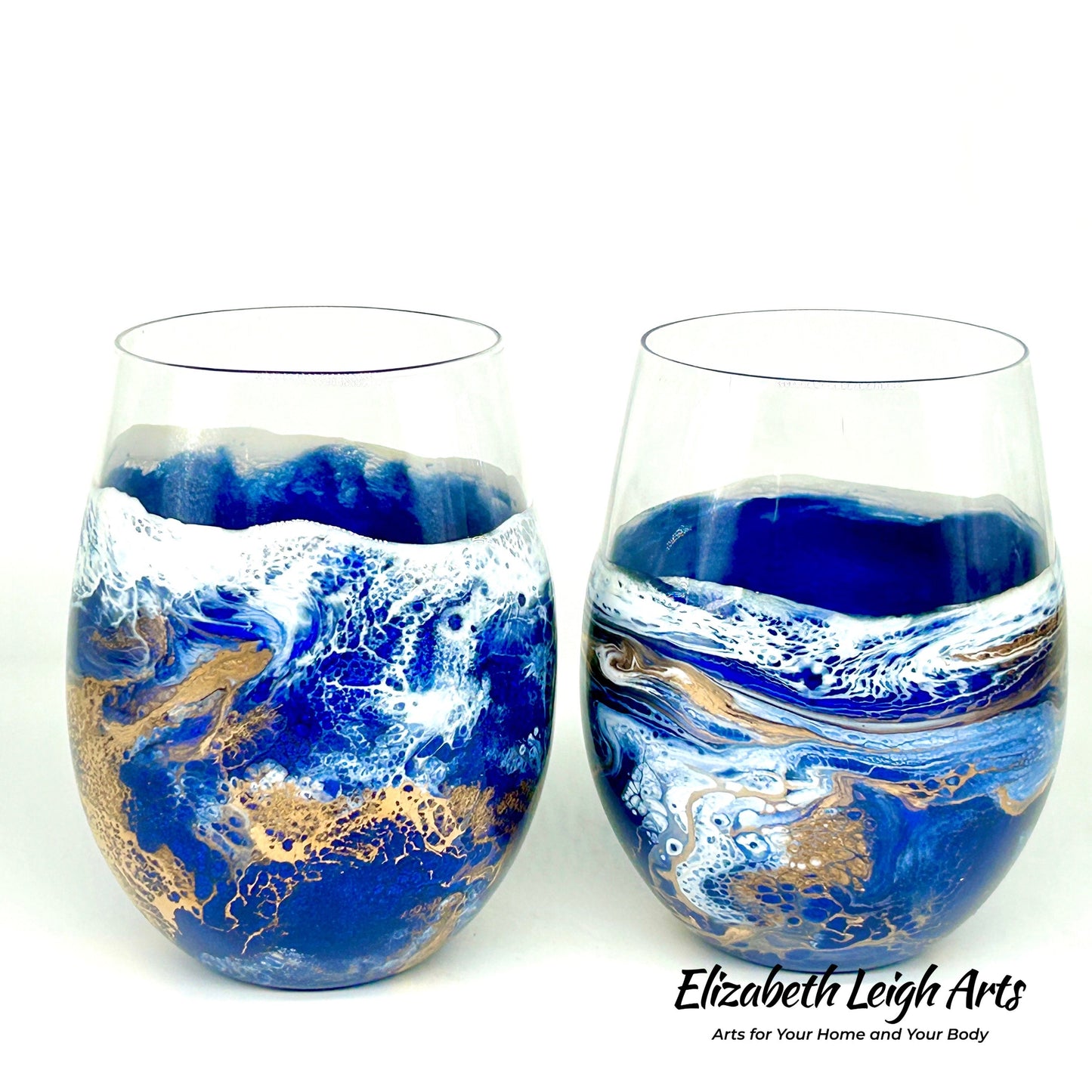 Blue and Gold Waves Resin Art Stemless Wine Glass Set of Two Customize 20 Ounce