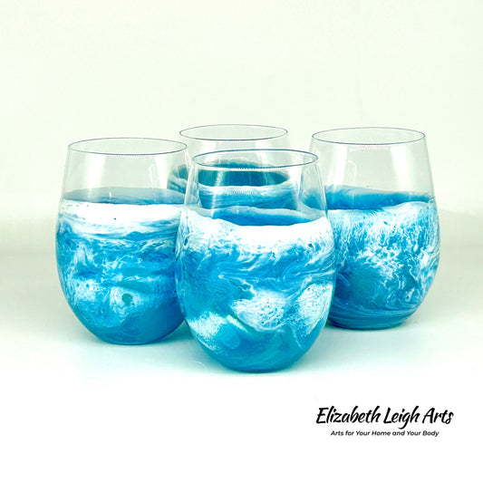 Teal and White Wave Beach Themed Stemless Wine Glasses Set of Two, Cocktail Glasses, Beach Decor, Custom Wine Glasses, Luxury Wedding Gift