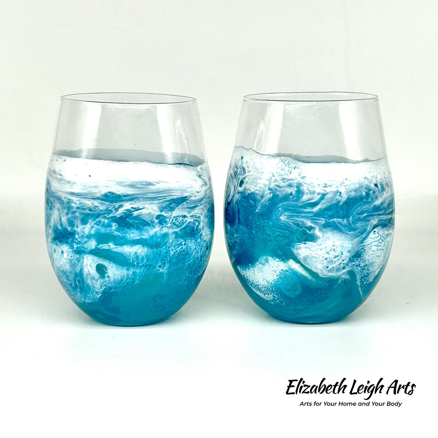 Teal and White Wave Beach Themed Stemless Wine Glasses Set of Two, Cocktail Glasses, Beach Decor, Custom Wine Glasses, Luxury Wedding Gift