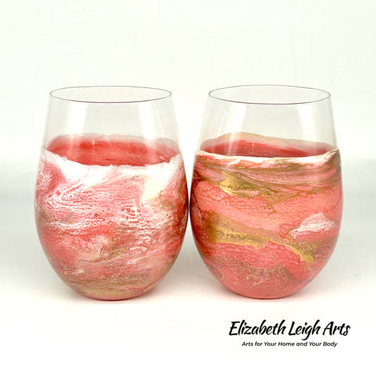Peach Pink and Gold Waves Resin Art Stemless Wine Glass Set of Two Customize 20 Ounce