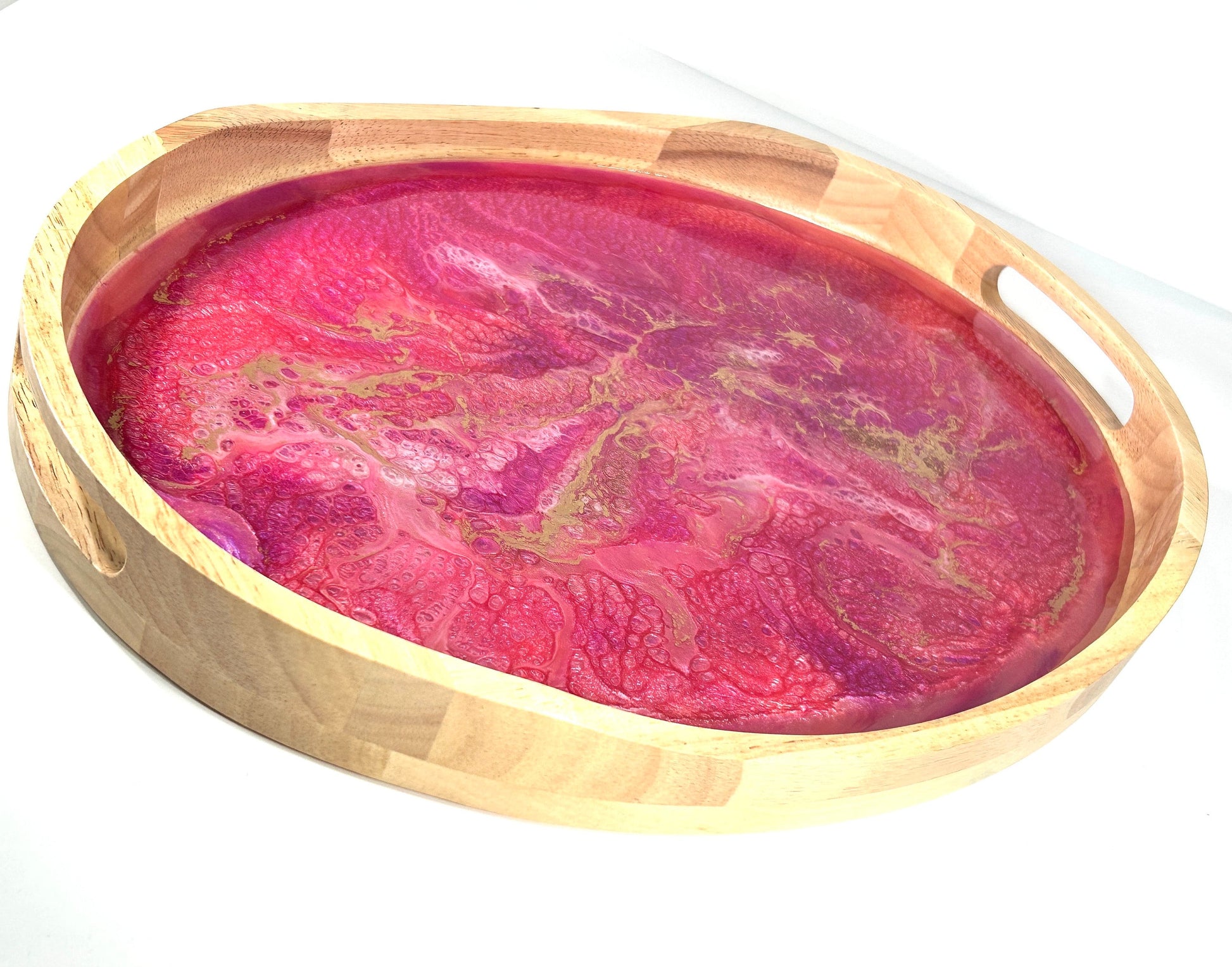 Pink Rubber Wood Oval Tray 17"