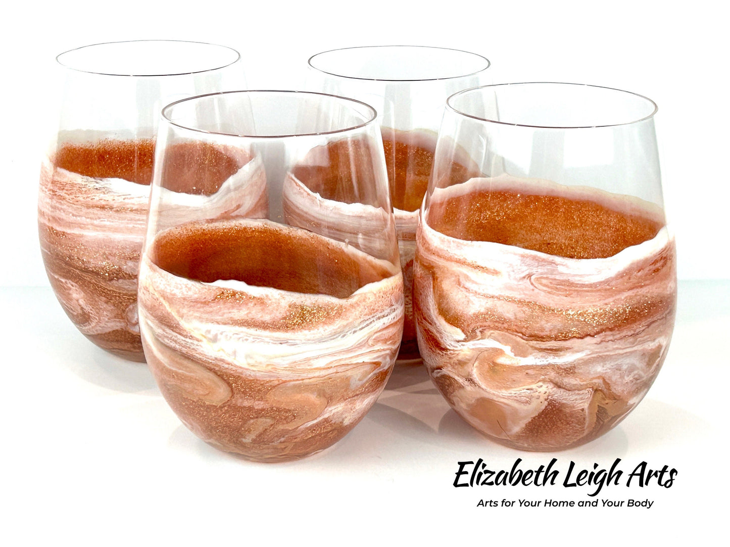 Copper/Bronze and White Wave Beach Themed Stemless Wine Glasses, Cocktail Glasses, Beach Decor, Custom Wine Glasses, Luxury Wedding Gift