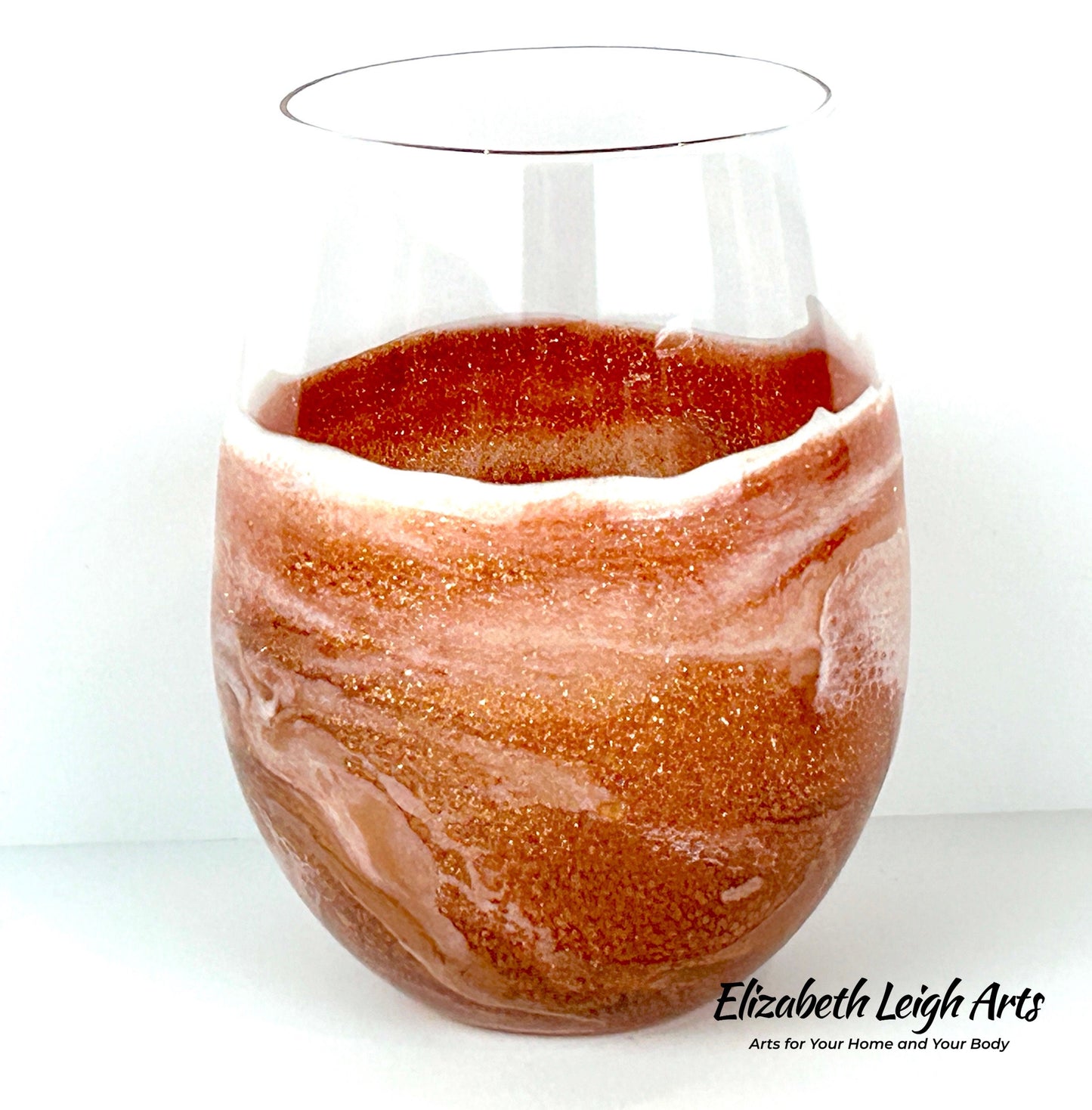 Copper/Bronze and White Wave Beach Themed Stemless Wine Glasses, Set of Two , Cocktail Glasses, Beach Decor, Luxury Wedding Gift