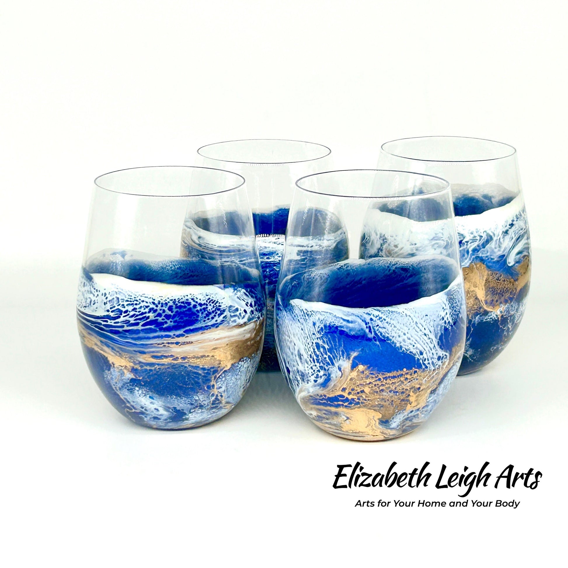 Blue and Gold Waves Resin Art Stemless Wine Glass Set of Two Customize 20 Ounce Made To Order