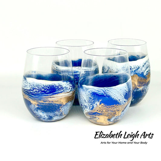 Blue and Gold Waves Resin Art Stemless Wine Glass Set of Two Customize 20 Ounce Made To Order