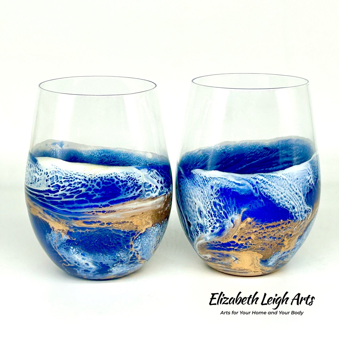 Blue and Gold Waves Resin Art Stemless Wine Glass Set of Two Customize 20 Ounce