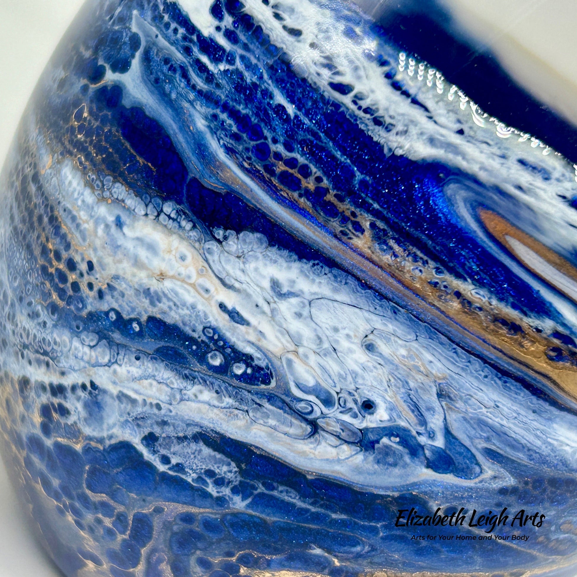 Blue and Gold Waves Resin Art Stemless Wine Glass Set of Two Customize 20 Ounce