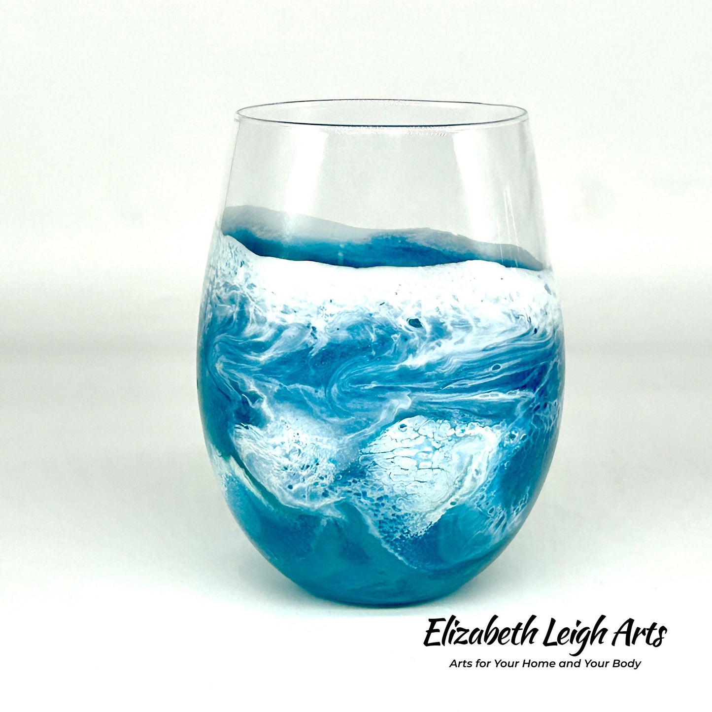 Teal and White Wave Beach Themed Stemless Wine Glasses Set of Two, Cocktail Glasses, Beach Decor, Custom Wine Glasses, Luxury Wedding Gift
