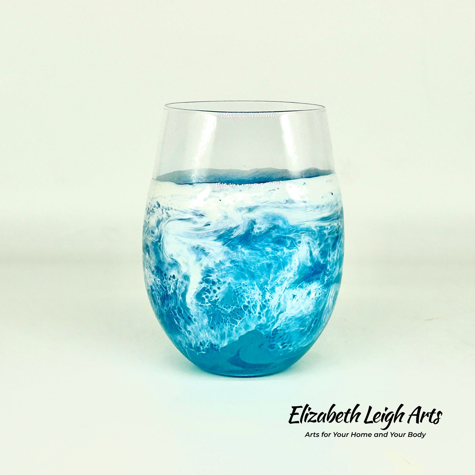 Teal and White Wave Beach Themed Stemless Wine Glasses Set of Two, Cocktail Glasses, Beach Decor, Custom Wine Glasses, Luxury Wedding Gift
