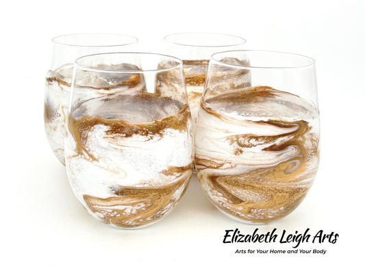 White and Gold Waves Resin Art Stemless Wine Glass Set of Two Customize 20 Ounce Wedding Collection