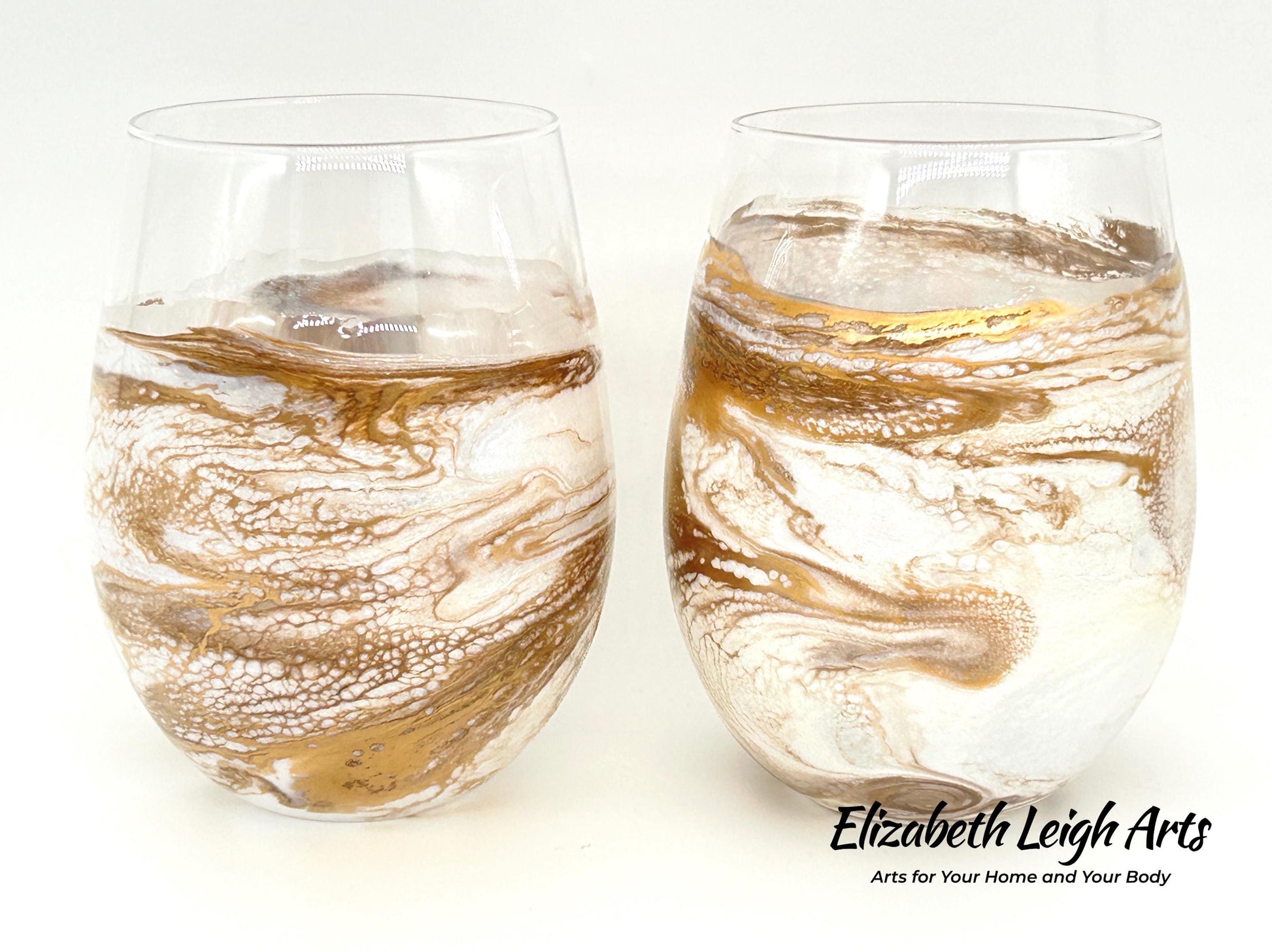 White and Gold Waves Resin Art Stemless Wine Glass Set of Two Customize 20 Ounce Wedding Collection