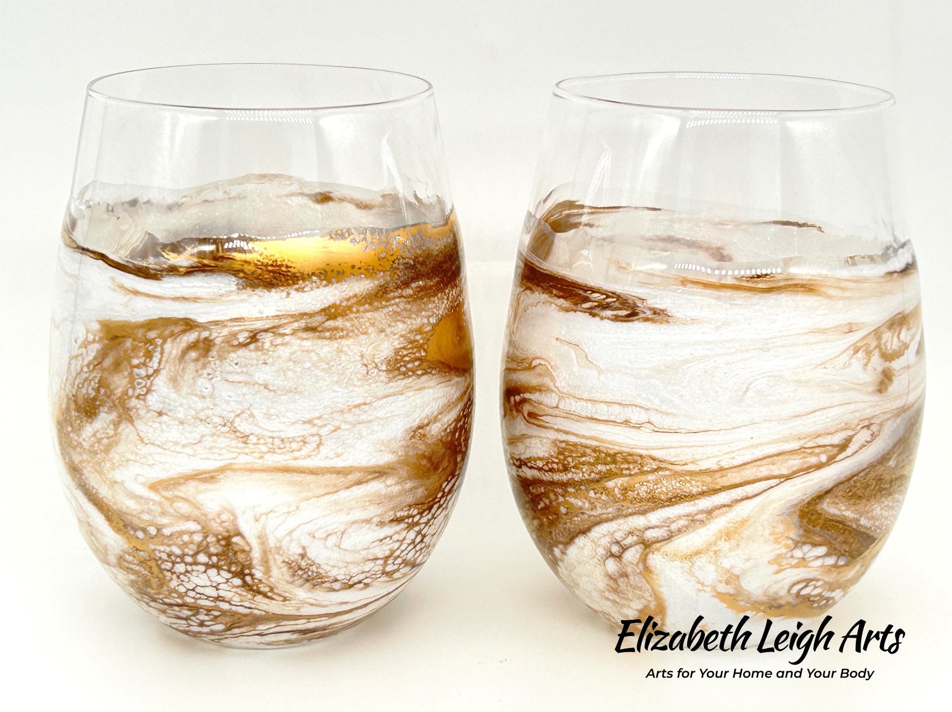 White and Gold Waves Resin Art Stemless Wine Glass Set of Two Customize 20 Ounce Wedding Collection