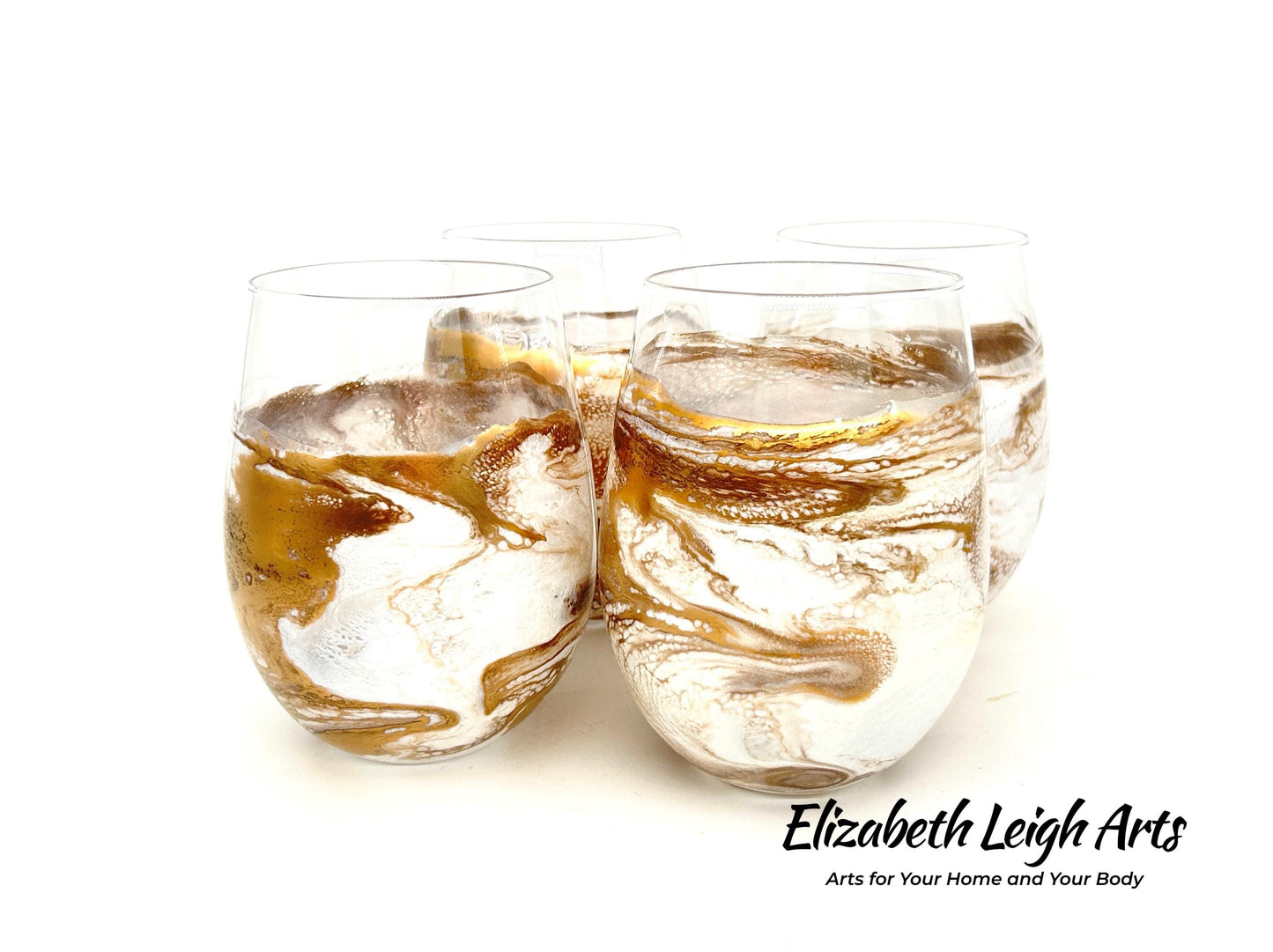 White and Gold Waves Resin Art Stemless Wine Glass Set of Two Customize 20 Ounce Wedding Collection
