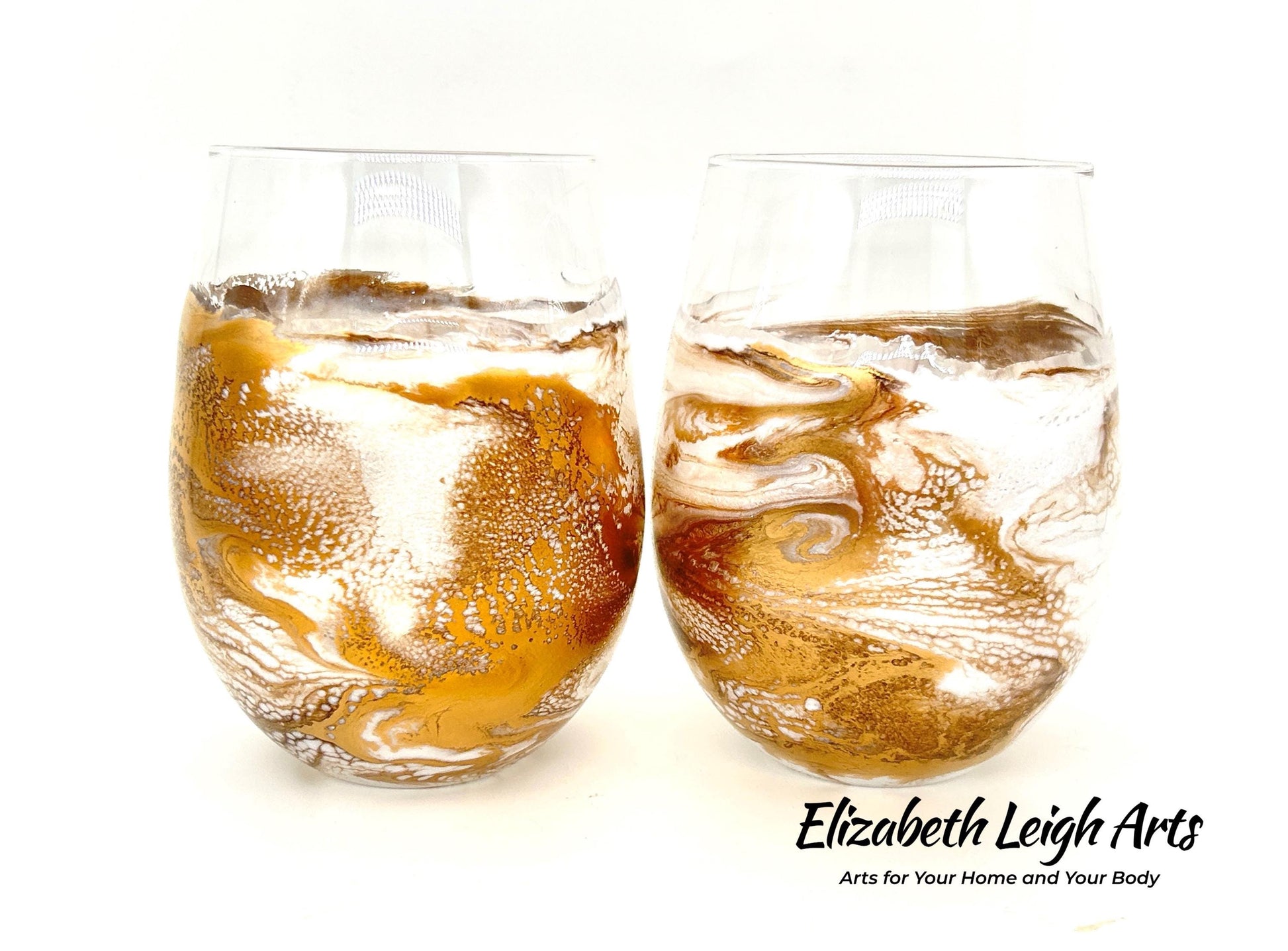 White and Gold Waves Resin Art Stemless Wine Glass Set of Two Customize 20 Ounce Wedding Collection