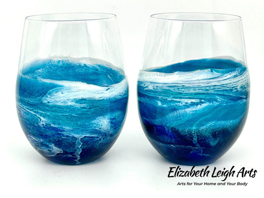 Blue and Turquoise Wave Beach Themed Stemless Wine Glasses, Cocktail Glasses, Beach Decor, Set of Two Glasses, Luxury Wedding Gift