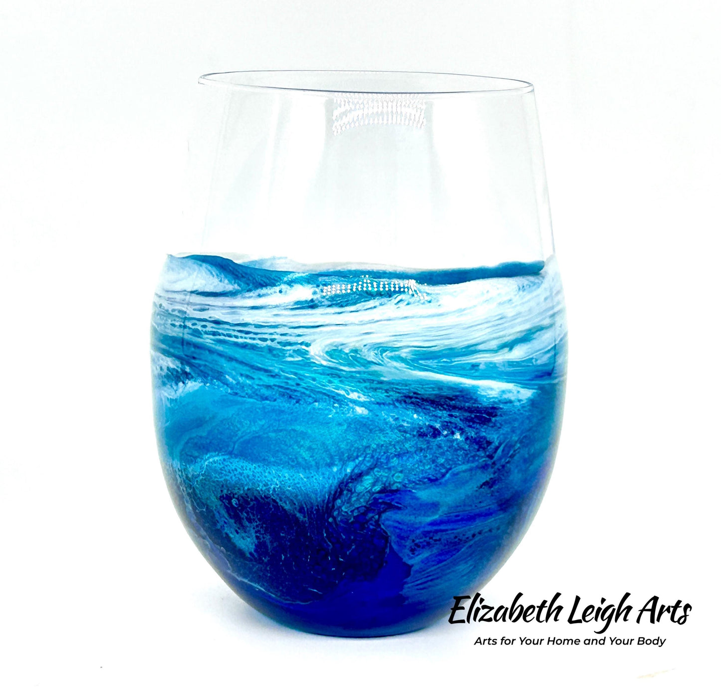 Blue and Turquoise Wave Beach Themed Stemless Wine Glasses, Cocktail Glasses, Beach Decor, Set of Two Glasses, Luxury Wedding Gift
