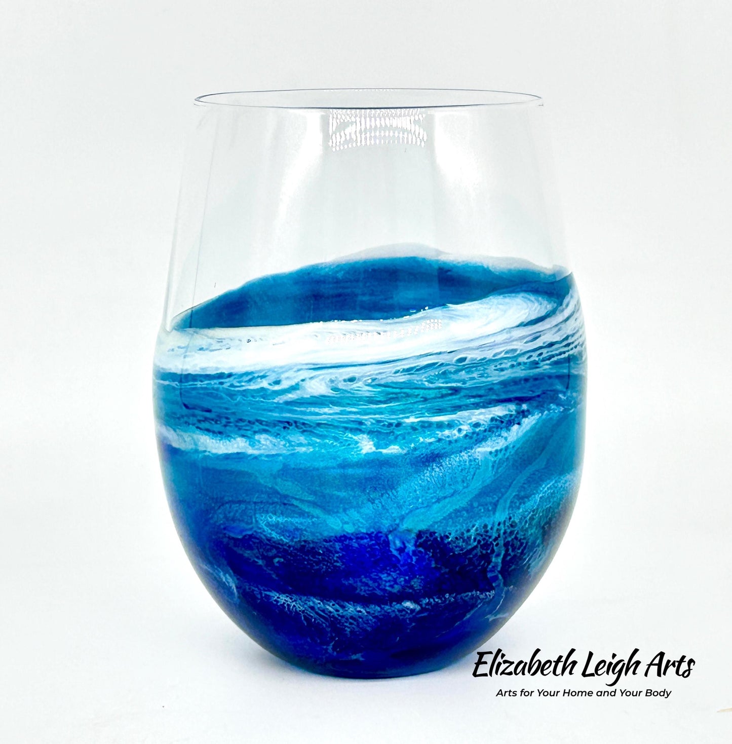 Blue and Turquoise Wave Beach Themed Stemless Wine Glasses, Cocktail Glasses, Beach Decor, Set of Two Glasses, Luxury Wedding Gift