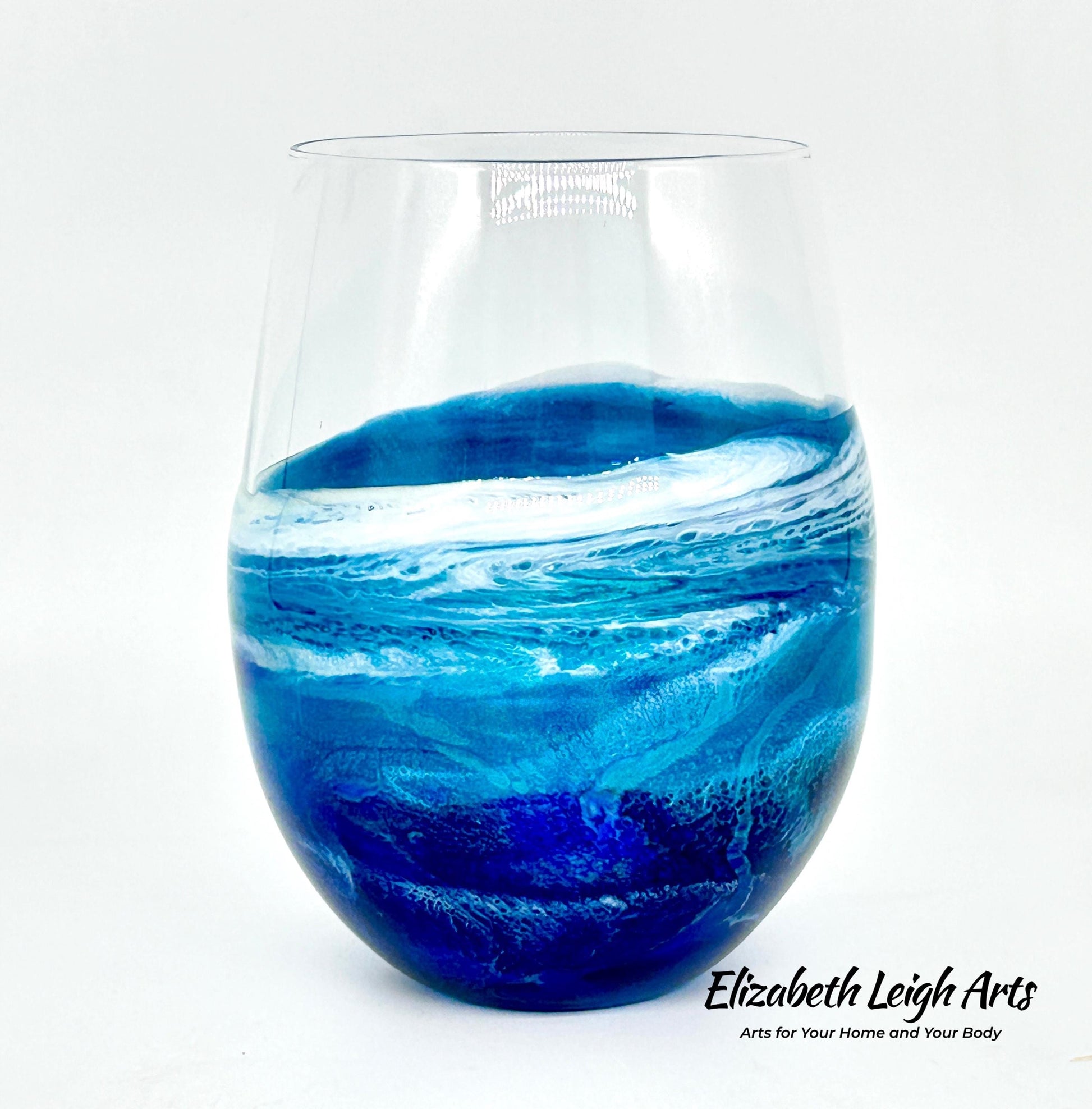 Blue and Turquoise Wave Beach Themed Stemless Wine Glasses, Cocktail Glasses, Beach Decor, Set of Two Glasses, Luxury Wedding Gift