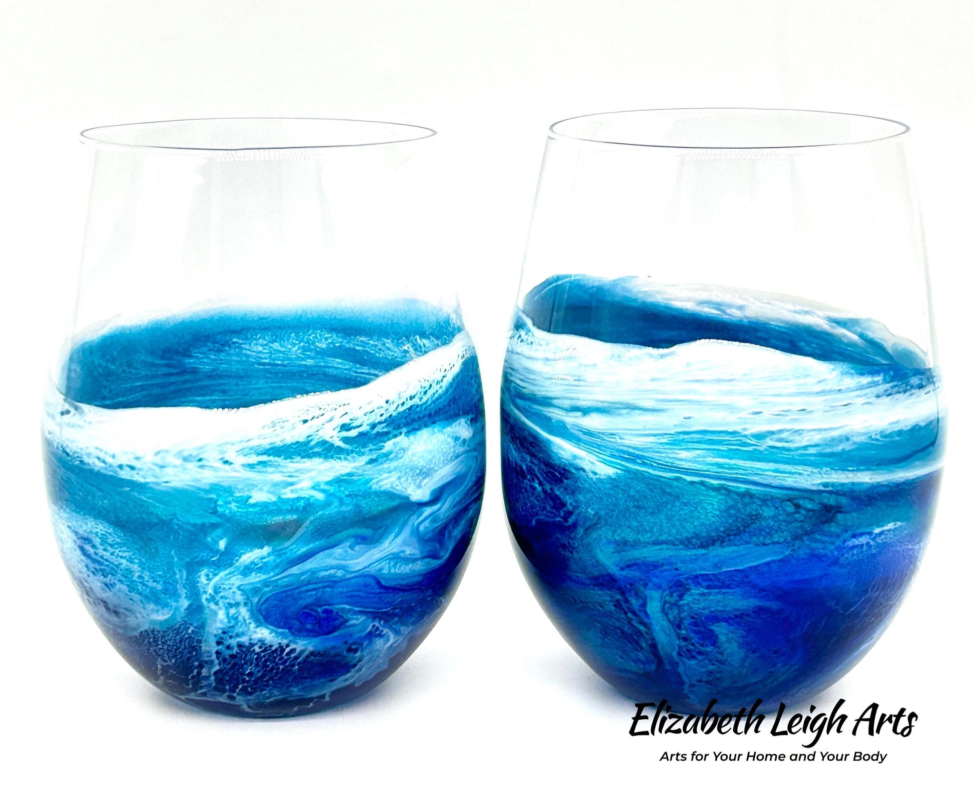 Blue and Turquoise Wave Beach Themed Stemless Wine Glasses, Cocktail Glasses, Beach Decor, Set of Two Glasses, Luxury Wedding Gift