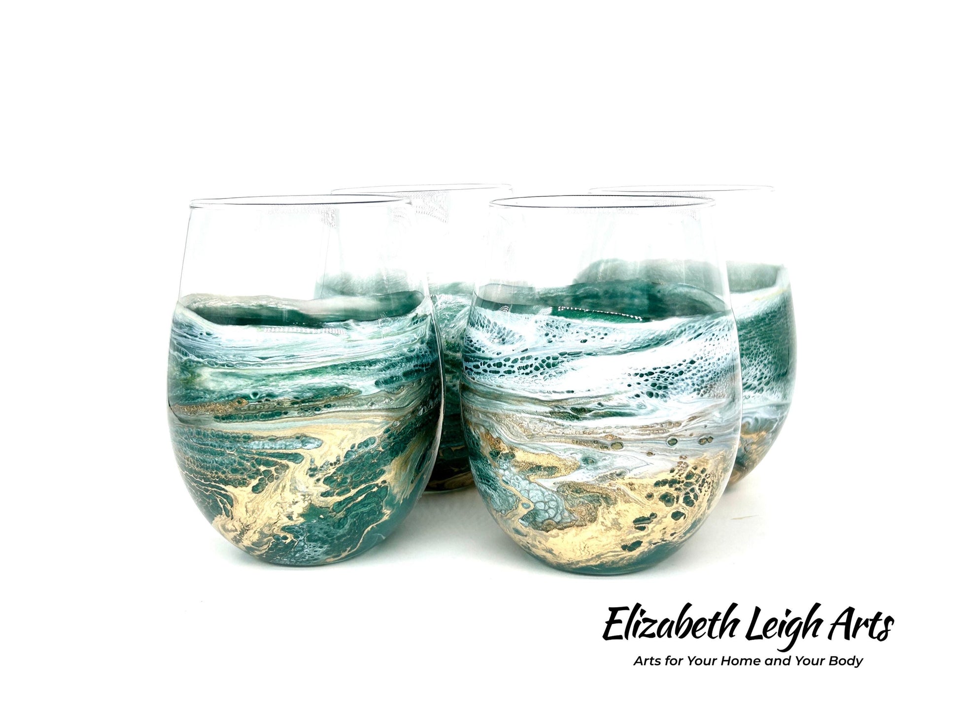 Green and Gold Waves Resin Art Stemless Wine Glass Set of Two Customize 20 Ounce