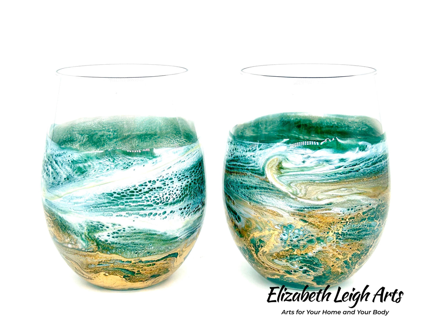 Green and Gold Waves Resin Art Stemless Wine Glass Set of Two Customize 20 Ounce