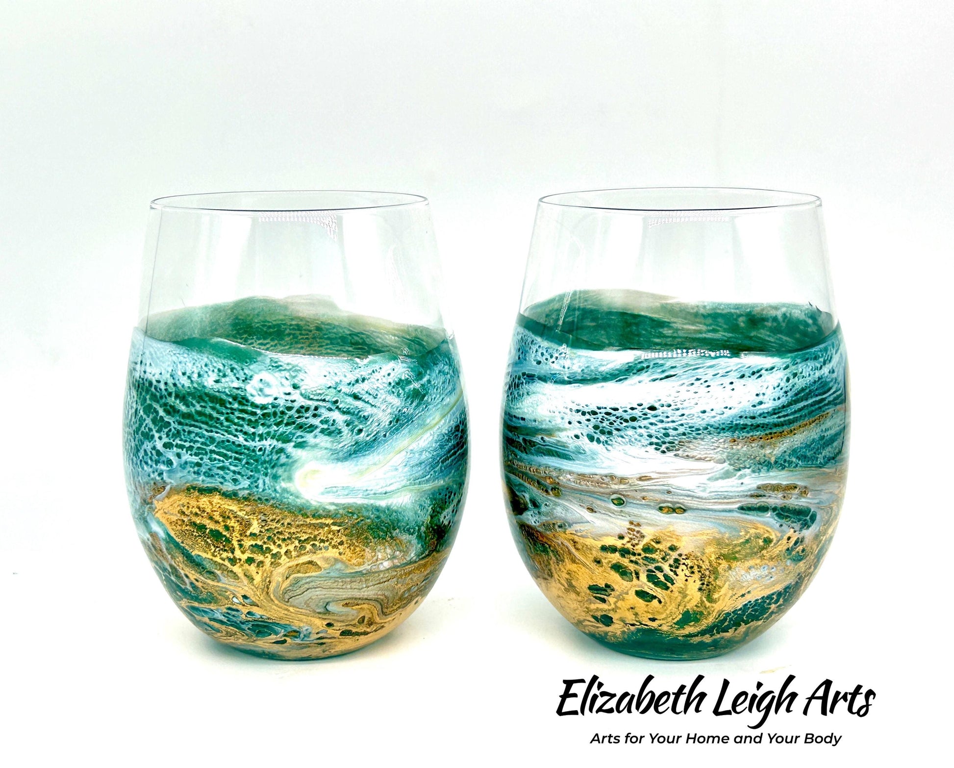 Green and Gold Waves Resin Art Stemless Wine Glass Set of Two Customize 20 Ounce