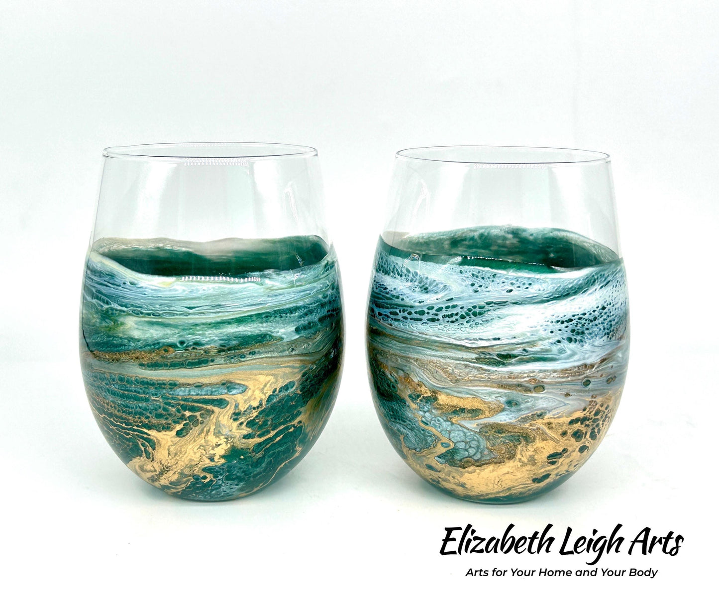 Green and Gold Waves Resin Art Stemless Wine Glass Set of Two Customize 20 Ounce