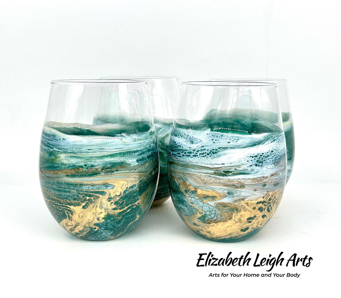 Green and Gold Waves Resin Art Stemless Wine Glass Set of Two Customize 20 Ounce