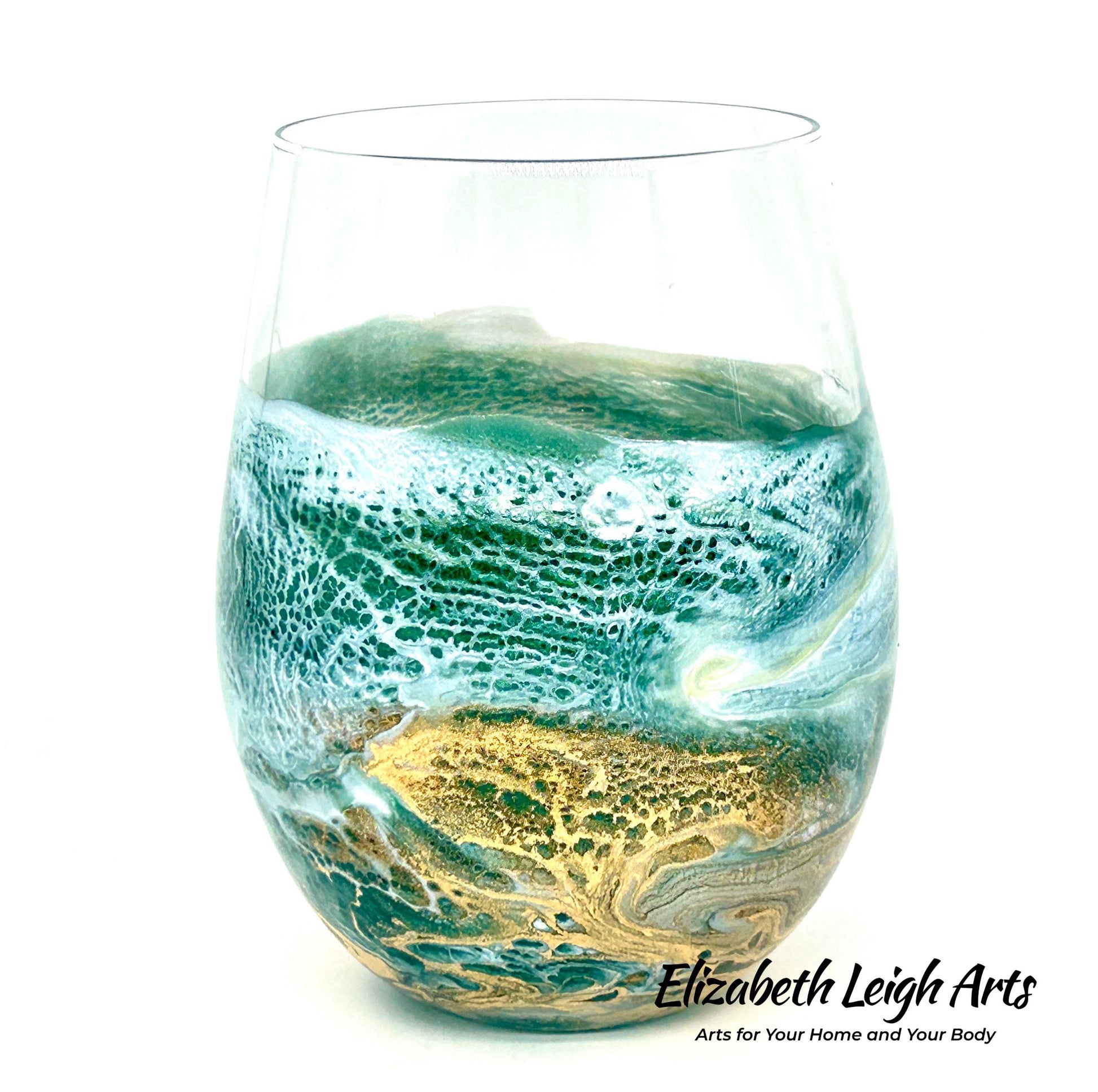 Green and Gold Waves Resin Art Stemless Wine Glass Set of Two Customize 20 Ounce