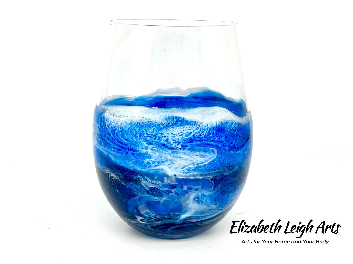 Blue Beach Stemless Wine Glasses, Cocktail Glasses, Beach Decor, Custom Wine Glasses, Luxury Wedding Gift, Blue Glasses