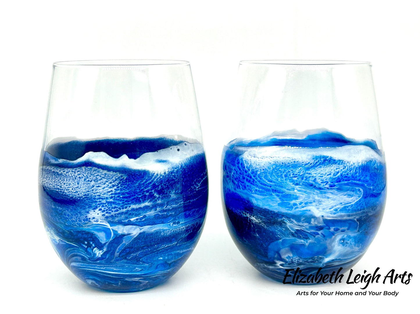 Blue Beach Stemless Wine Glasses, Cocktail Glasses, Beach Decor, Custom Wine Glasses, Luxury Wedding Gift, Blue Glasses