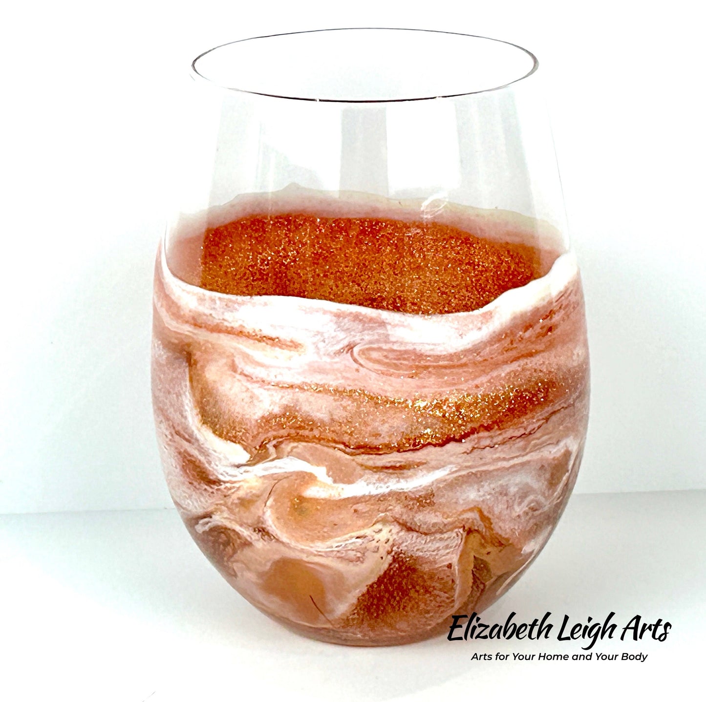 Copper/Bronze and White Wave Beach Themed Stemless Wine Glasses, Set of Two