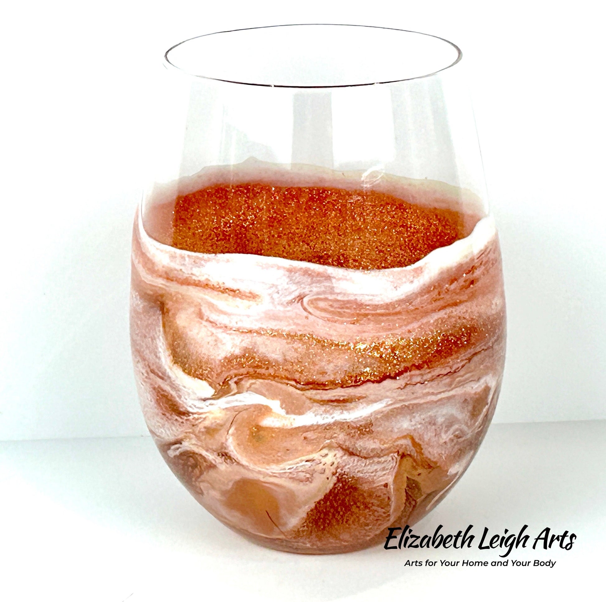 Copper/Bronze and White Wave Beach Themed Stemless Wine Glasses, Set of Two