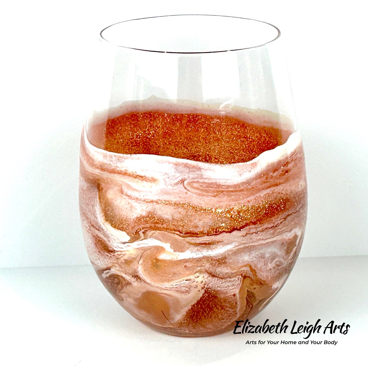 Copper/Bronze and White Wave Beach Themed Stemless Wine Glasses, Set of Two , Cocktail Glasses, Beach Decor, Luxury Wedding Gift