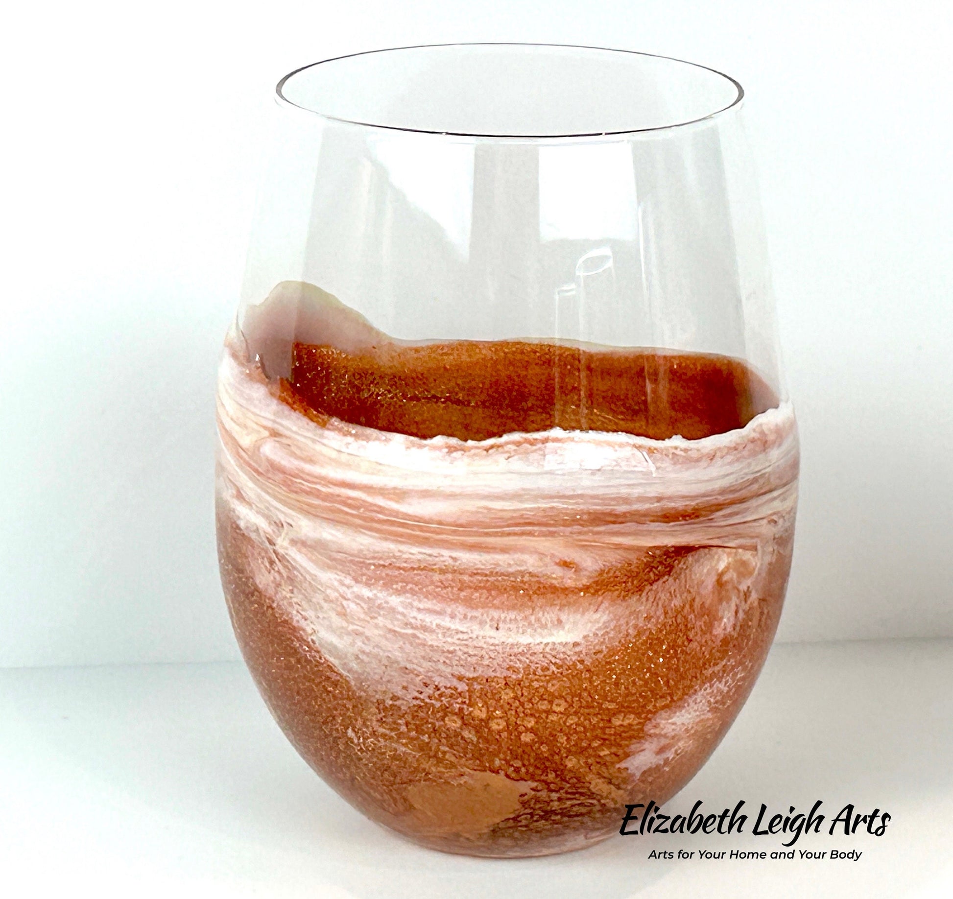 Copper/Bronze and White Wave Beach Themed Stemless Wine Glasses, Set of Two