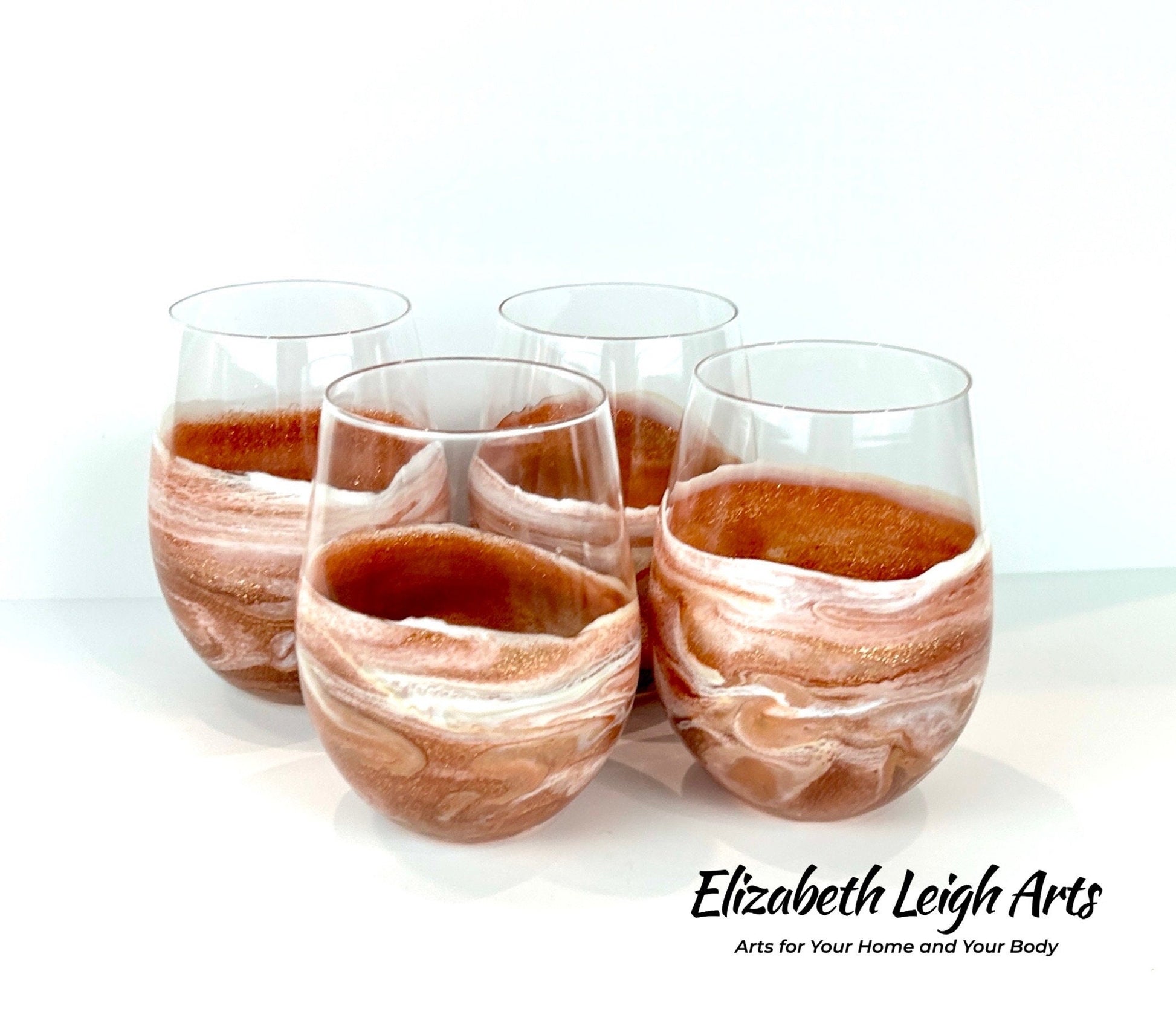 Copper/Bronze and White Wave Beach Themed Stemless Wine Glasses, Set of Two , Cocktail Glasses, Beach Decor, Luxury Wedding Gift