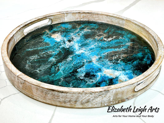 Black Turquoise and Gold Ocean Wood Tray 17"