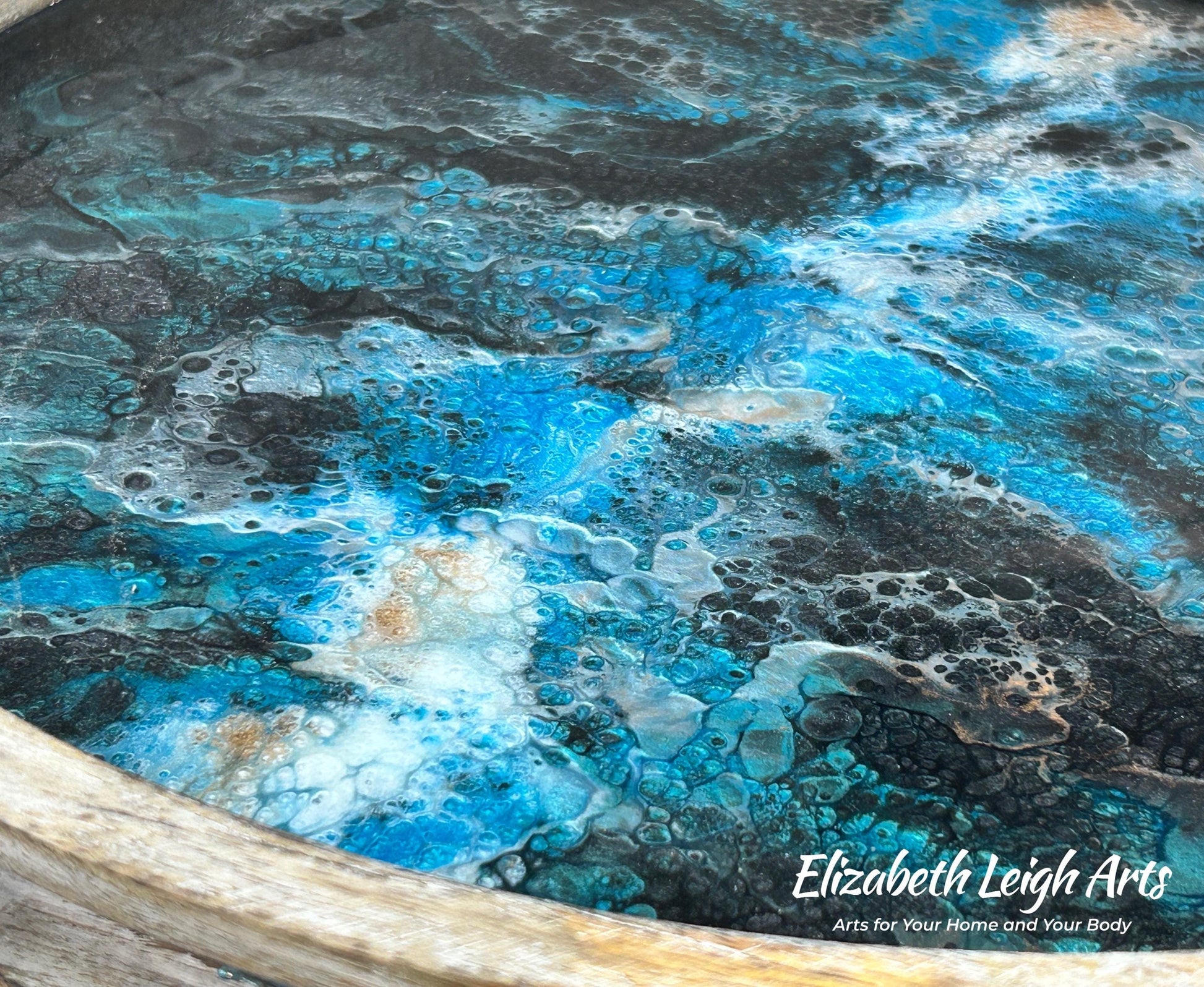 Black Turquoise and Gold Ocean Wood Tray 17"