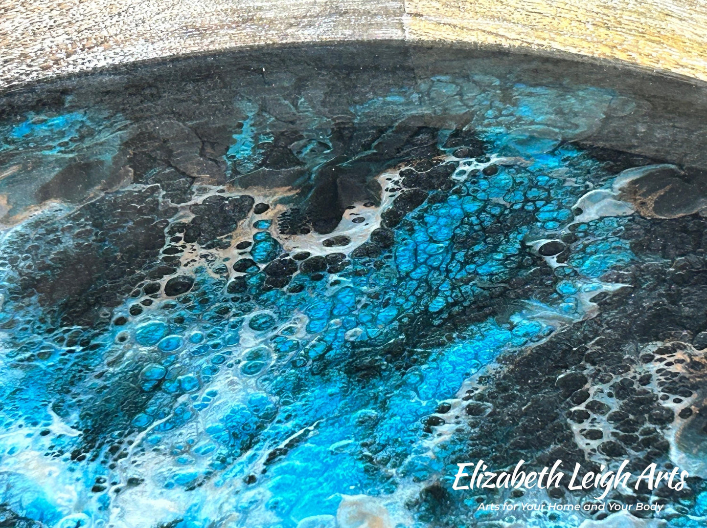 Black Turquoise and Gold Ocean Wood Tray 17"