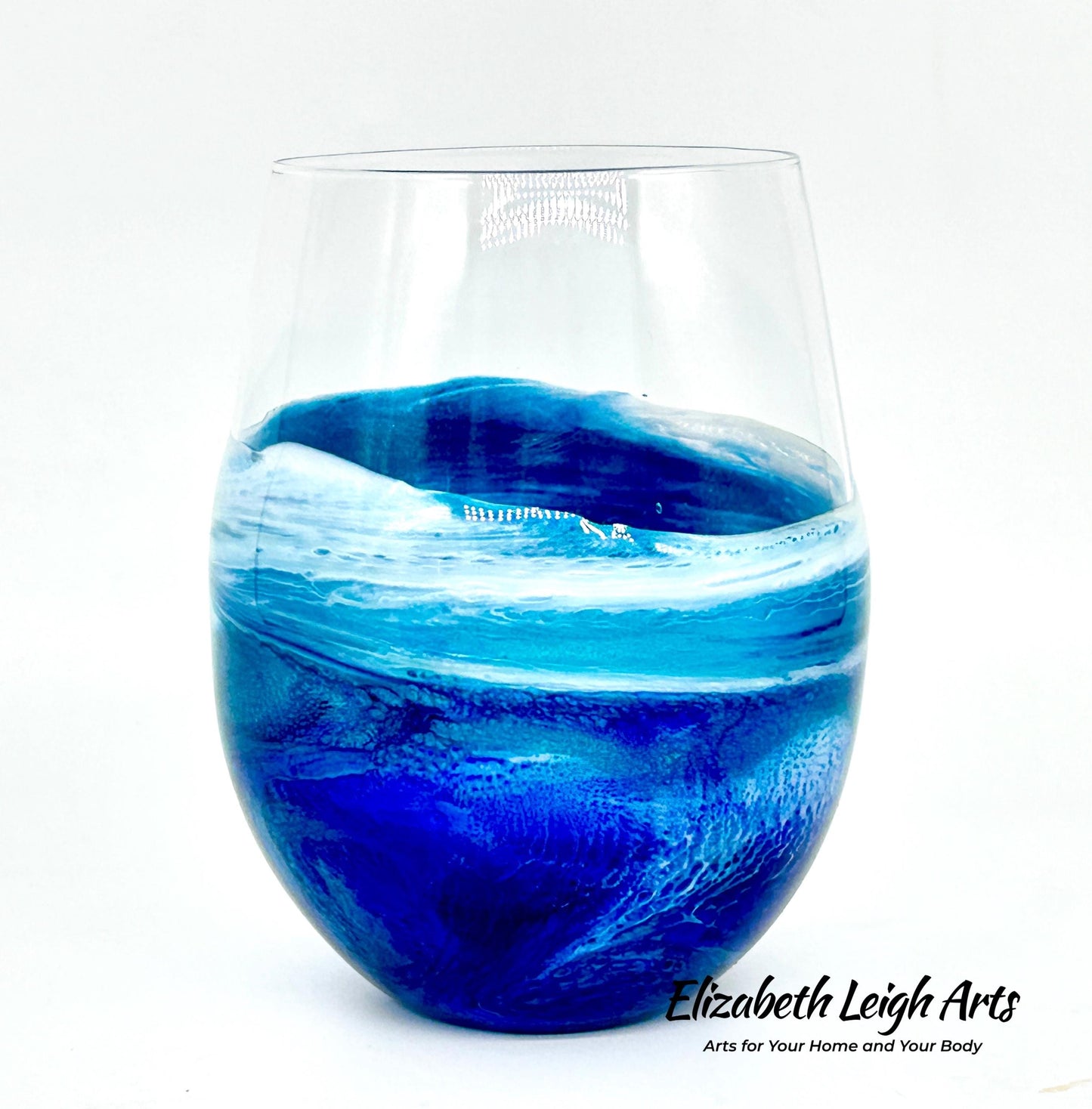 Blue and Turquoise Wave Beach Themed Stemless Wine Glasses, Cocktail Glasses, Beach Decor, Set of Two Glasses, Luxury Wedding Gift